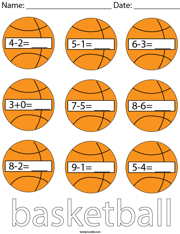 Basketball Subtraction Math Worksheet - Twisty Noodle
